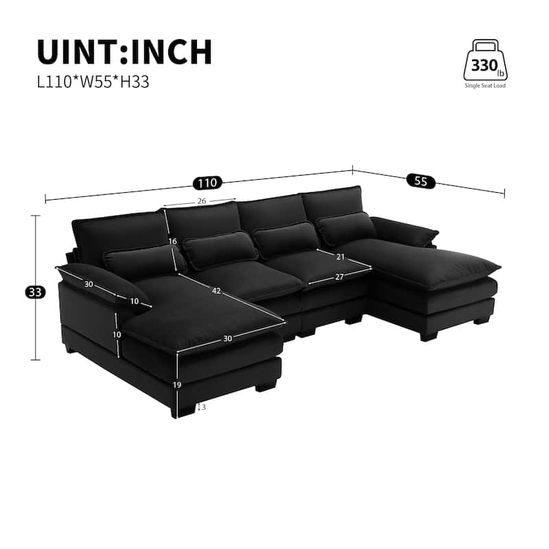 110" Sectional Couches for Living Room,U-Shaped Sofa Couch with Velvet Fabric,4 Seat Sofa Set with Double Chaise