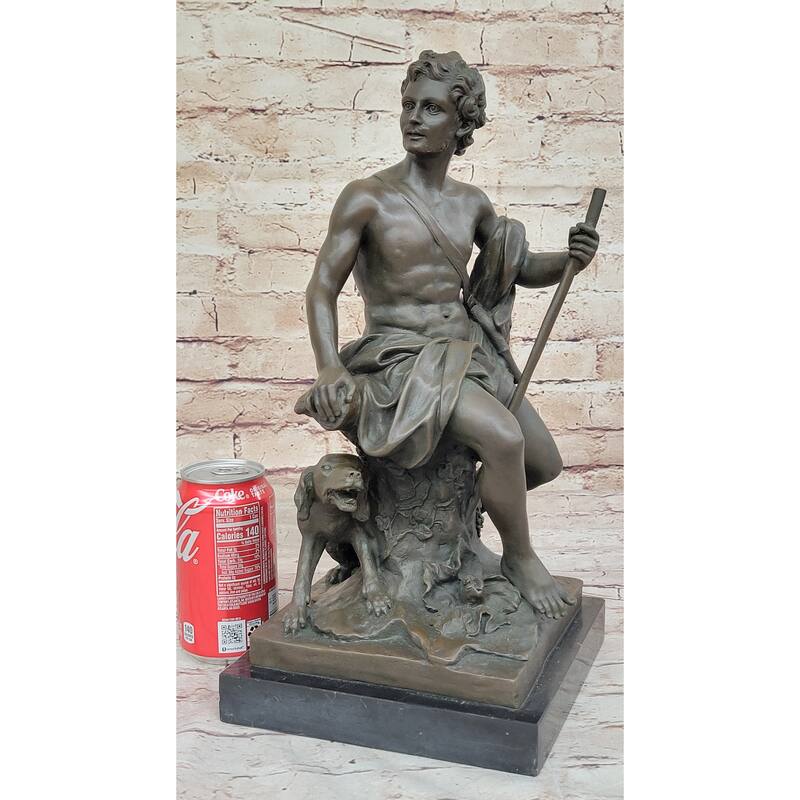 Muscular Male Shepherd With His Imitative Dog - Bronze Sculpture By Barbedienne On Marble Base