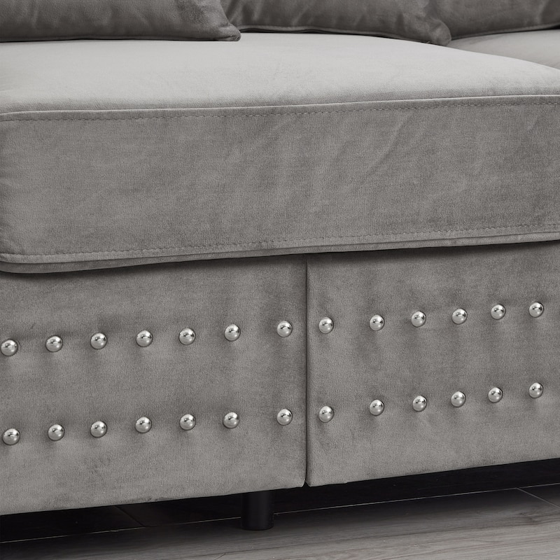 Modern Design Sofa Square Armrest With Silver Nails Decoration Upholstered Velvet Couch