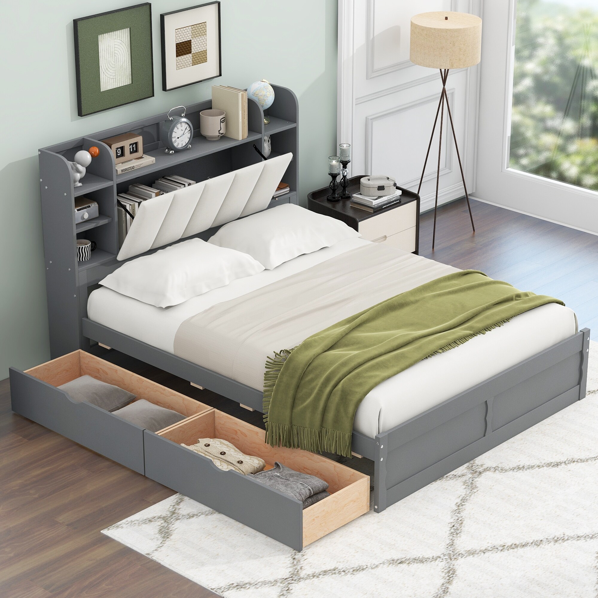 Queen Size Platform Bed with 2 Drawers Shelves Solid Wood Storage Bed Frame with Bookcase Headboard for Teens Adults Grey Bed Bath Beyond 40165467