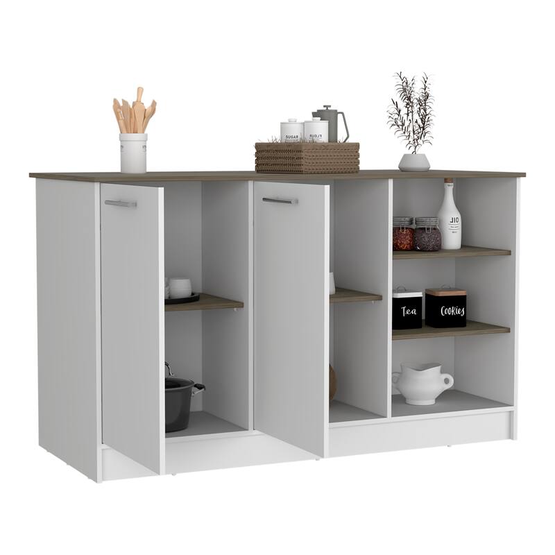 White/Dark Brown Kitchen Island with 3 Open Shelves, 2 Cabinets, Spacious Countertop