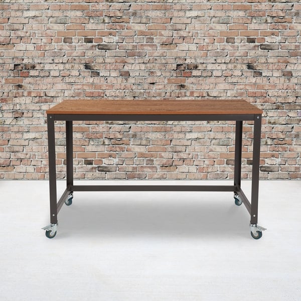 slide 2 of 7, Computer Table and Desk in Brown Oak Wood Grain Finish with Metal Wheels Brown Oak