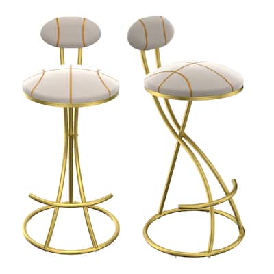 Round Bar Stools S-shaped Stripe Kitchen Stool Set of 2 Modern Velvet Upholstered Counter Chair for Dining Room (Gold & Stripe)