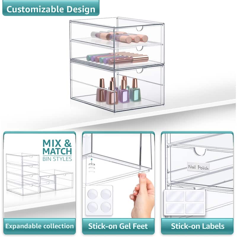 Sorbus Clear Storage and Organizer Bins with 3 Drawers, Multipurpose Stackable Storage Cases 2 Pcs - 11.8in x 6.9in x 4.1in