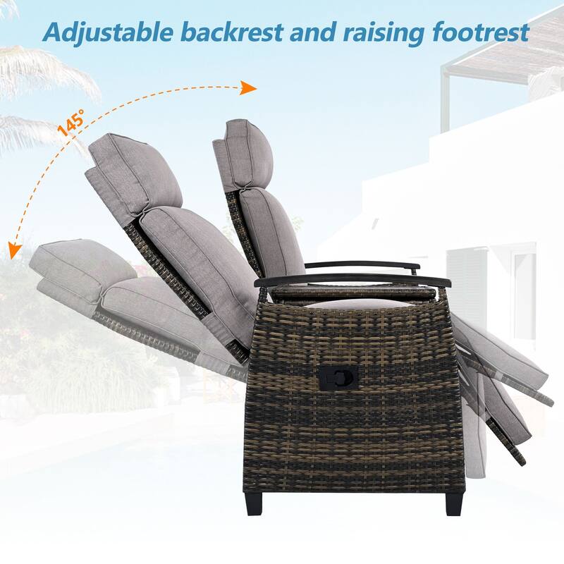 Outdoor Adjustable Recliner Loveseat with Acacia Wood Armrests, Built-In Storage Table, and Comfortable Cushions for Patio
