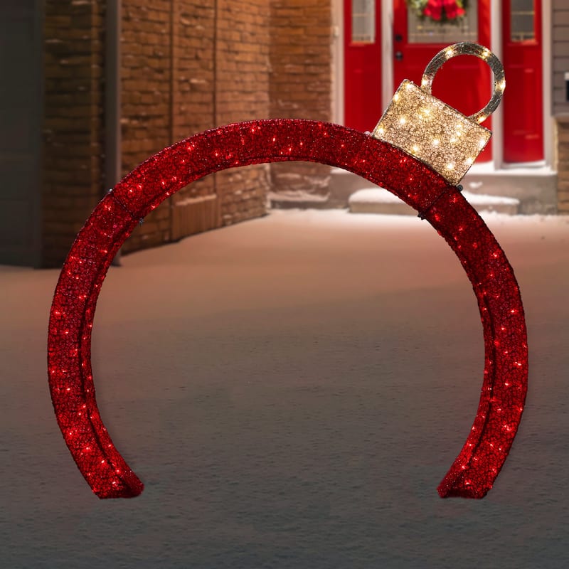 4.25' Red LED Ornament Arch Outdoor Christmas Decoration White Lights