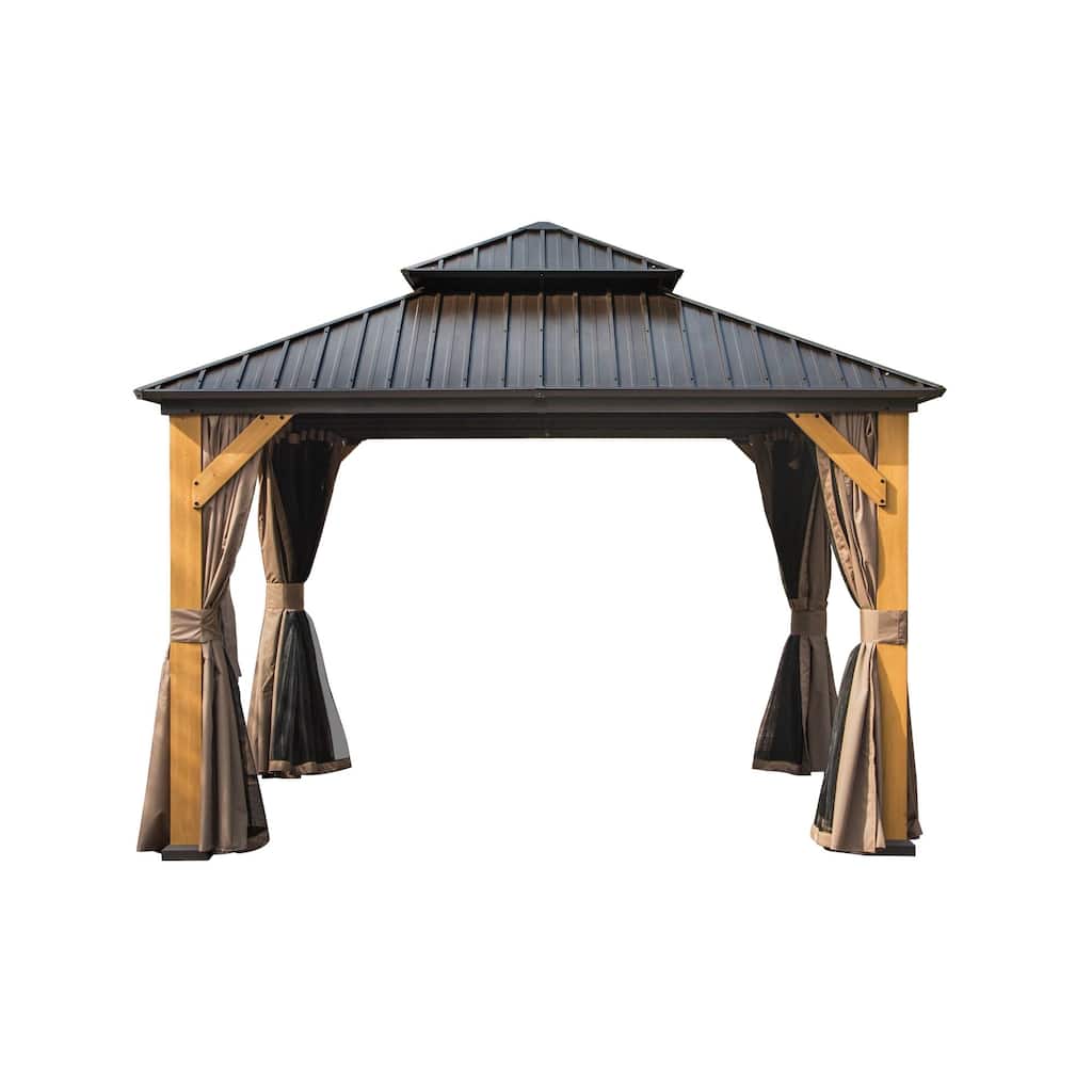 12'x12' Hardtop Gazebo,Outdoor Permanent Metal Pavilion with Curtains and Netting for Patio, Backyard and Lawn(Brown)