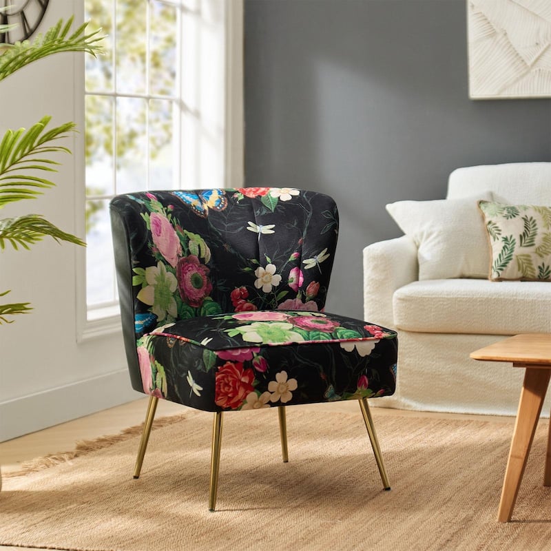 Amata Bold Patterned Tufted Side Chair with Goldtone Legs