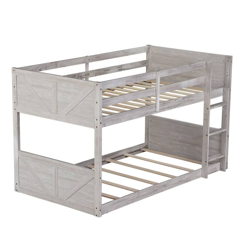Twin over Twin Floor Bunk Bed w/ Headboard,Footboard,Safety Guardrails
