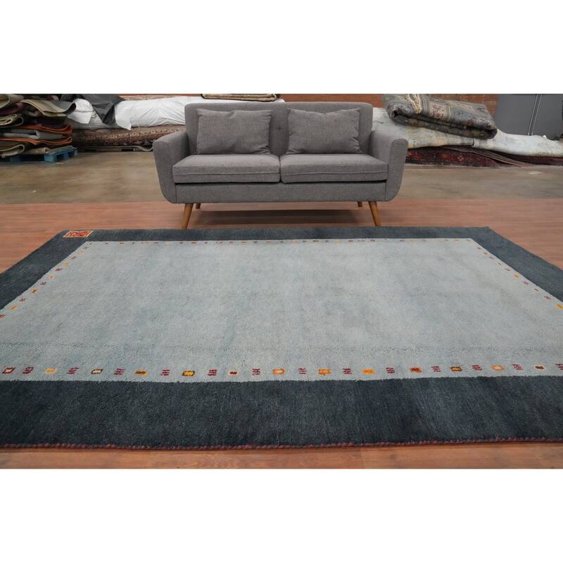 Hand Knotted Oriental 100% Wool Carpet Modern Bordered Navy Blue & Blues Gabbeh Area Rug - 9' 8'' X 6' 6''