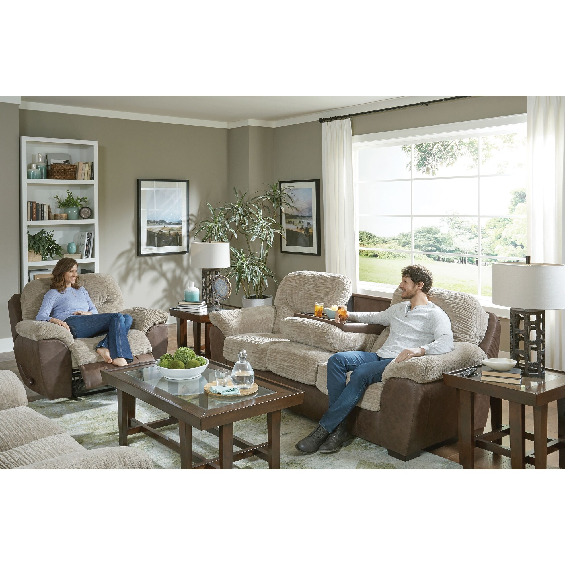Fabric reclining sofa with 2025 drop down table