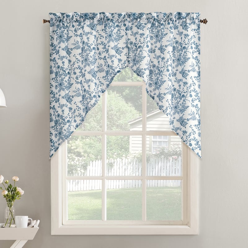 No. 918 Elara 2-Piece Tonal Botanical Semi-Sheer Rod Pocket Kitchen Curtain Swag Pair - 54" x 38" - Indigo
