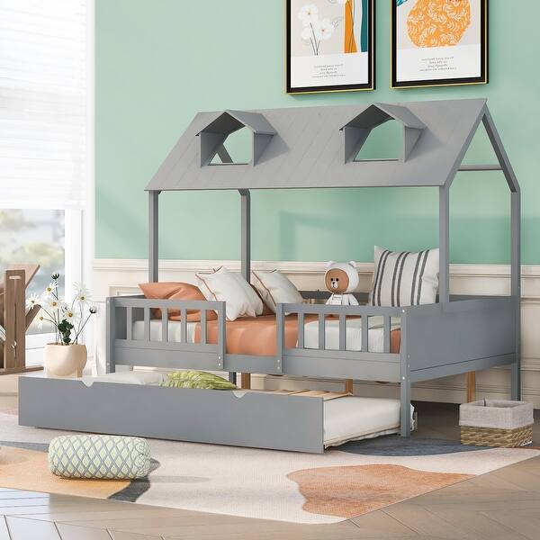 slide 2 of 13, Superior Full Size House Bed Wooden Kids Bed with Twin Size Trundle,Playhouse Design and Guardrail Grey