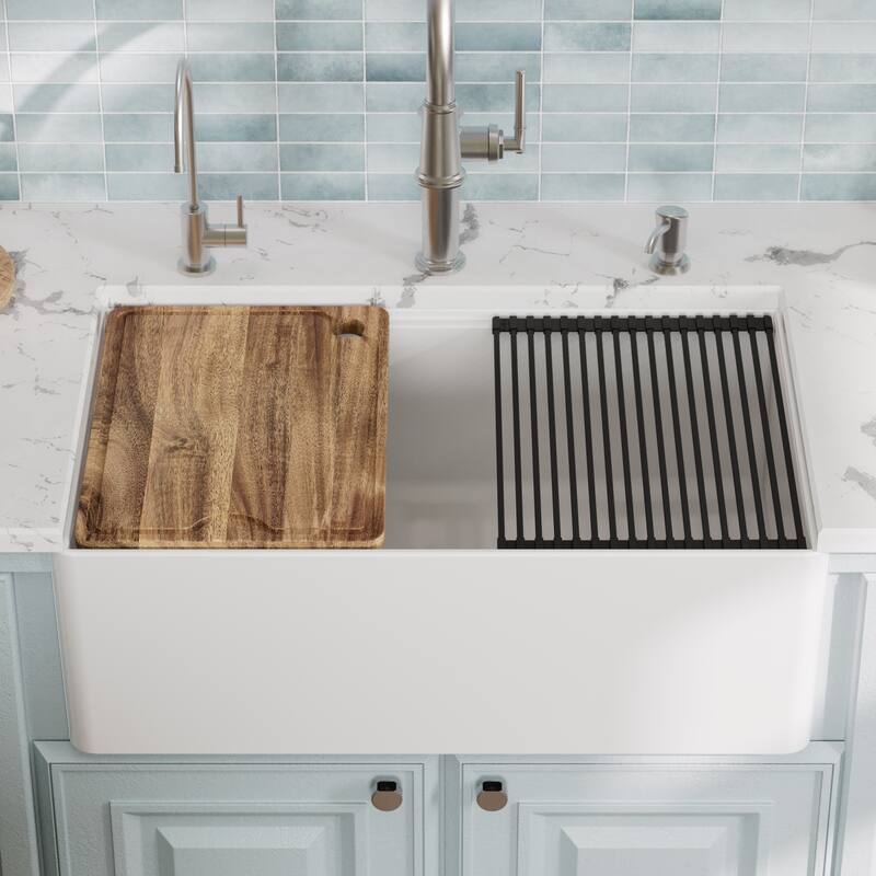 Karran 30" Single Bowl Workstation Fireclay Kitchen Sink with Reversible Fluted Apron Front