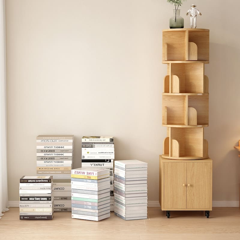 Anmytek 360 Rotating Corner Bookshelf with Wheels Space Saving Storage for Small Rooms