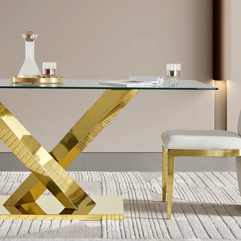 Gold stainless steel dining table 70.08 inch clear tempered glass top