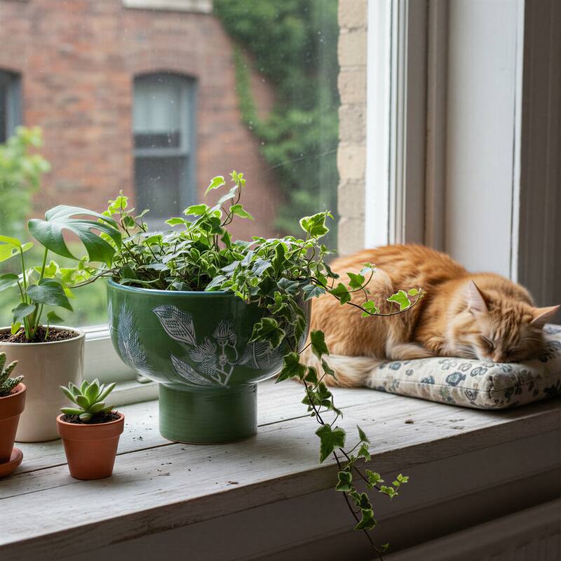 Stoneware Pedestal Bowl with Botanical Detailing - 8.25"L x 8.25"W x 6.5"H - Green