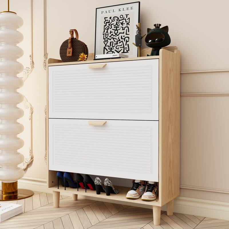 Narrow Shoe Cabinet with 2 Flip Drawers, Freestanding Storage Organizer, Shoe Rack with Solid Wood Legs for Entryway