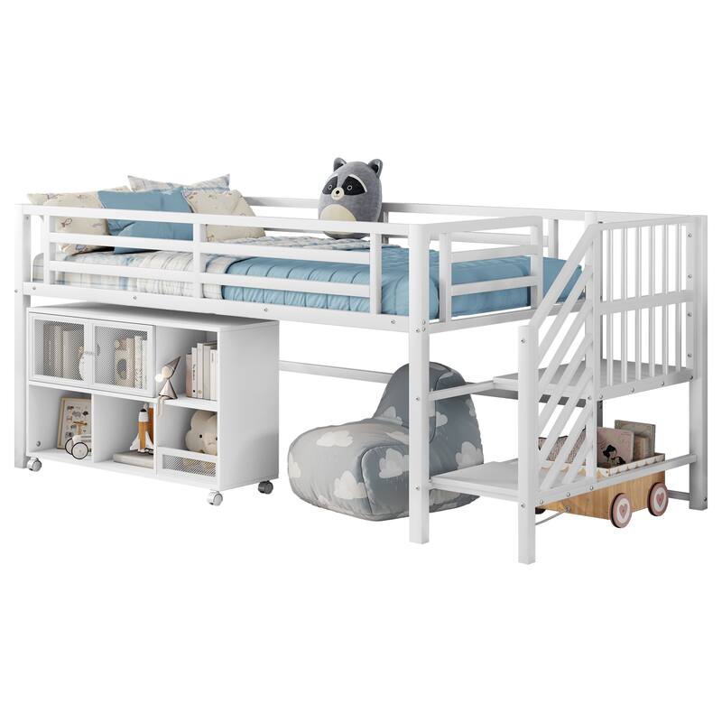 Twin Metal Loft Bed with Storage Cubby, Low Metal Loft Bed with Stairs for Kids