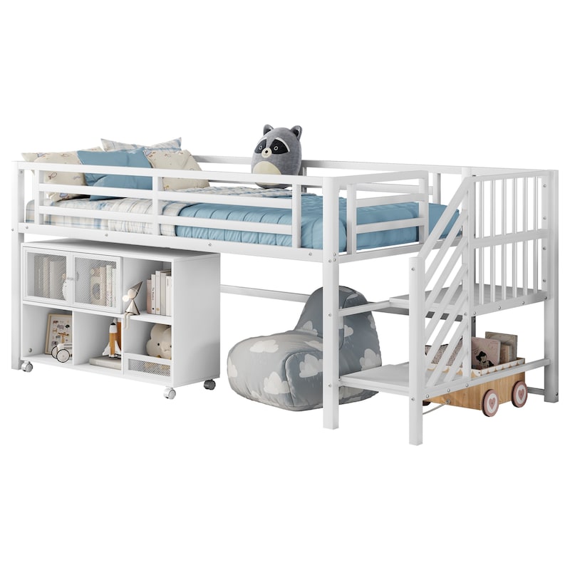 Twin Size Metal Loft Bed with Movable Storage Cabinets, Low Loft Bed Metal Frame Bed with Stairs for Kids