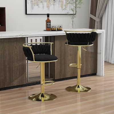 2 Set Velvet Swivel Adjustable Bar Stools with Footrest