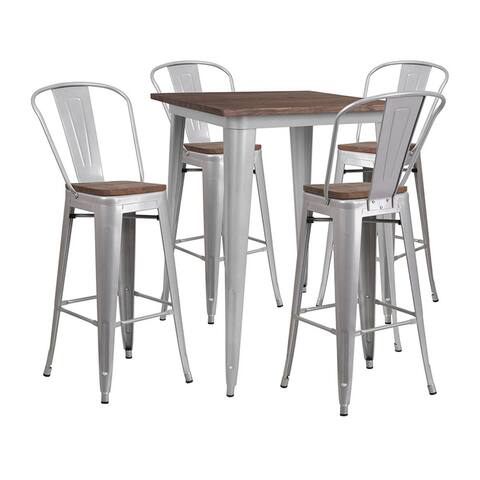 Offex 31.5" Square Silver Metal BarTable Set with Wood Top & 4 Stools - 32"W x 32"D x 42"H