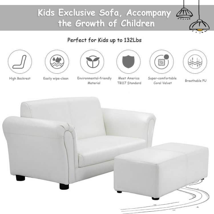 Kids Double Sofa with Ottoman-White - 32.5" x 16.5" x 16" (L x W x D)