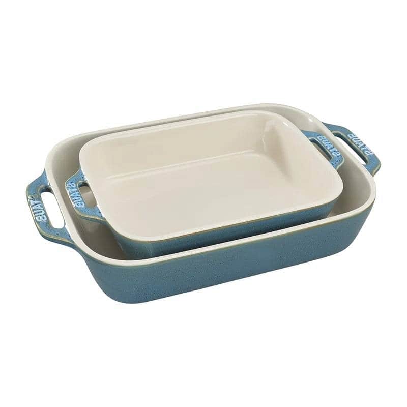2 Piece Ceramic Stoneware Casserole Dish Set Non-Stick Rectangular Baking Dishes Oven Safe - Turquoise, Ivory 