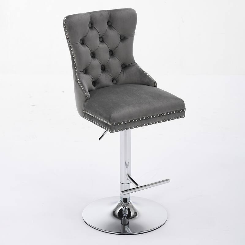 GDF Studio - Modern Adjustable Swivel Velvet Barstools with Chrome Base, Tufted Buttons & Diamond Pleating (Set of 2)