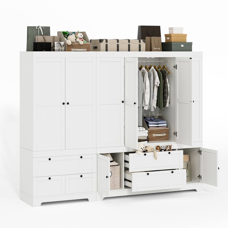 Gyomojoy Large White Wardrobe Closet with Drawers & Doors, Modular Armoire with Hanging Rods, Apartment & Dorm Storage