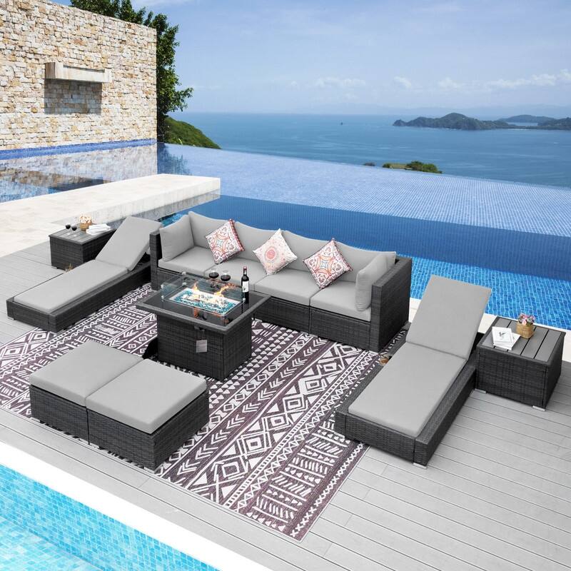 FINCATI 11 Pieces Patio Furniture Set Outdoor Sectional Sofa with Firepit Table