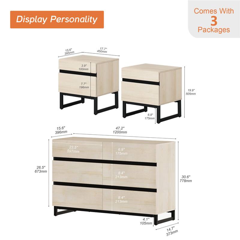 3-Piece Bedroom Furniture Set,Dresser &Chest With 6 Drawers,2 Nightstand For Bedroom, Bedroom Furniture Set