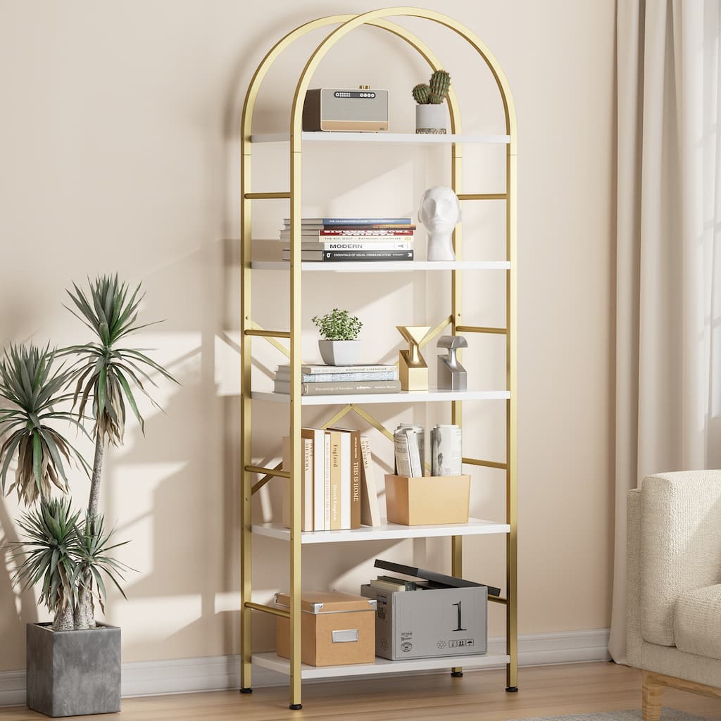 5-Tier Arched Bookshelf, Wooden Bookcase Display Rack