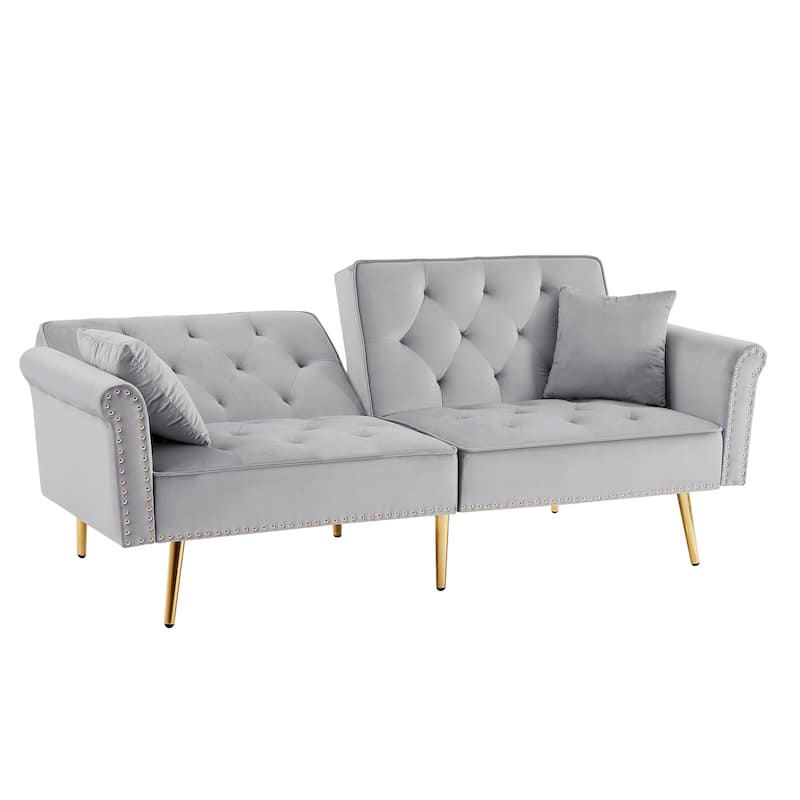 Velvet Tufted Sofa Couch with 2 Pillows and Nailhead Trim for Living Room, Entryway, Hallway, Office