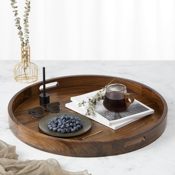 slide 2 of 70, KINWELL Round Black Walnut Wood Serving Tray Ottoman Tray with Handles