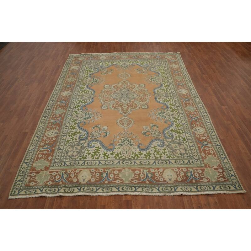 Hand Knotted Oriental 100% Wool Carpet Traditional Floral Oranges & Rust Tabriz Area Rug - 11' 5'' X 7' 11''