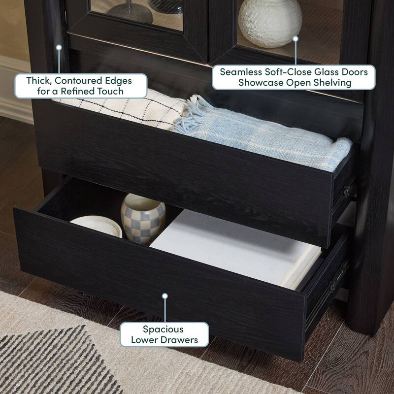 Walker Edison Modern Wood Bookshelf with Glass Doors and Drawer Storage