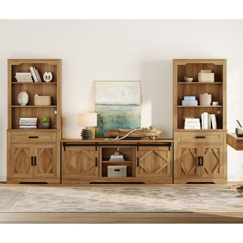 Modern Farmhouse TV Stand with Bookcase for 65" 75" TV with Barn Door for Living Room, Bedroom & Home Office