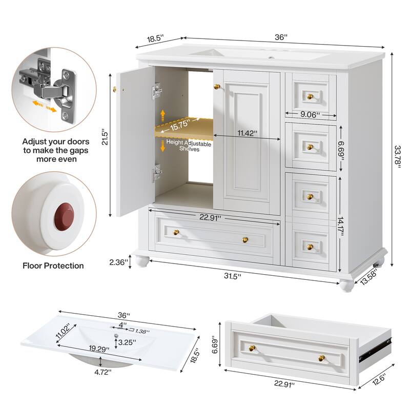 Solid Wood Modern Bathroom Vanity with Ceramic Sink, Adjustable Shelf Storage