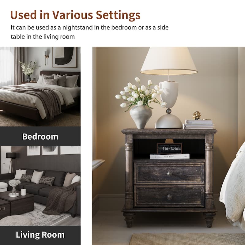 Farmhouse Nightstand Solid Wood Feet, Sofa Table with Charging Station