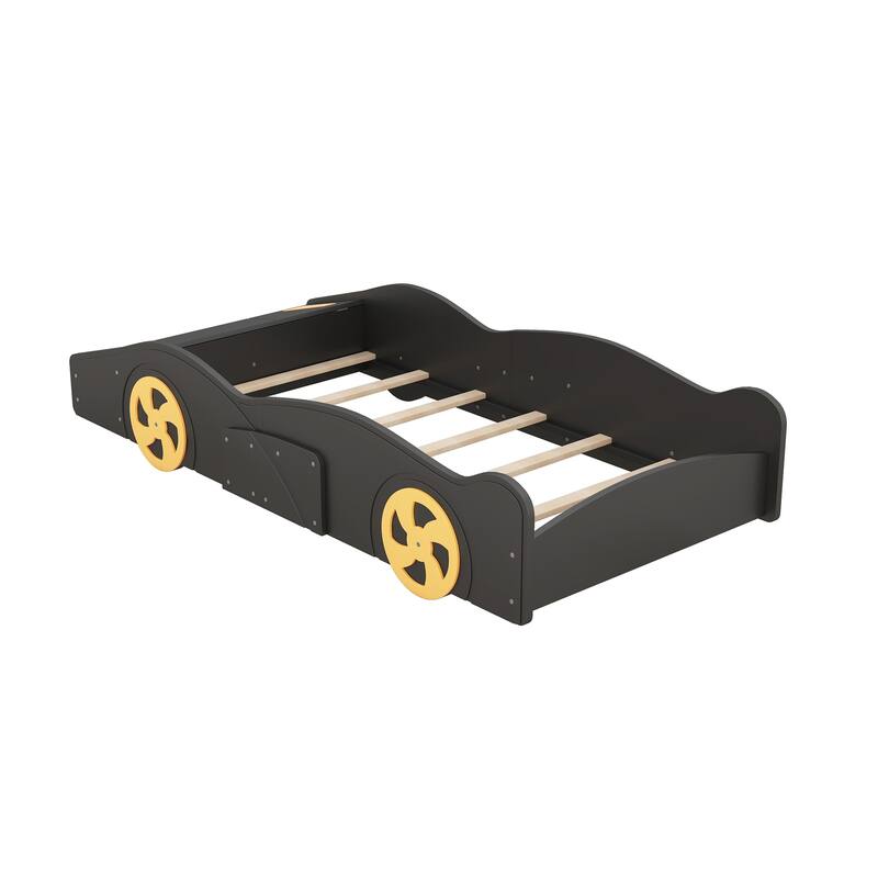 Race Car-Shaped Twin Platform Bed with Wheels, Storage, Black+Yellow
