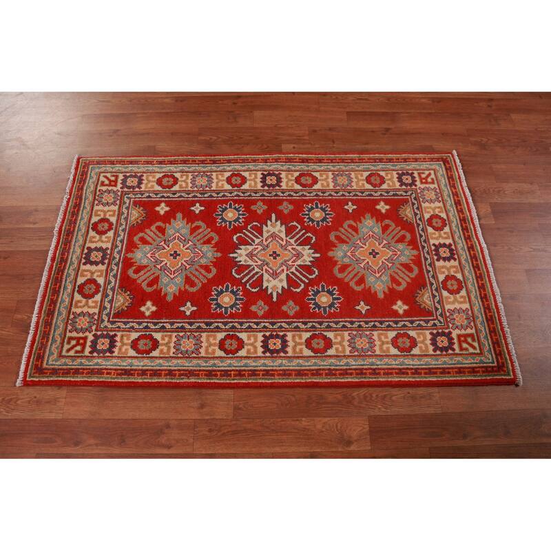 Geometric Kazak Foyer Rug Hand-Knotted Traditional Wool Carpet - 2'7"x 4'5"