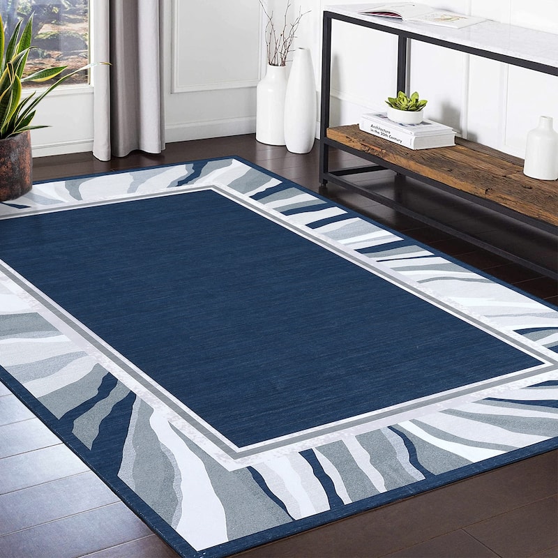 Modern Bordered Area Rugs for Living Room Bedroom Low Pile Non-Slip Rug Carpet - 9'x12' - Blue
