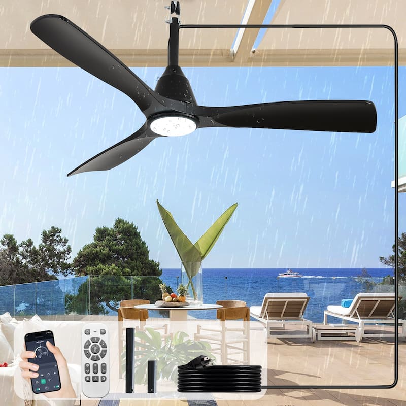 Waterproof Outdoor Ceiling Fan with Light: Plug-in Hanging Fan, Remote App Control, 3CCT, 6-Speed
