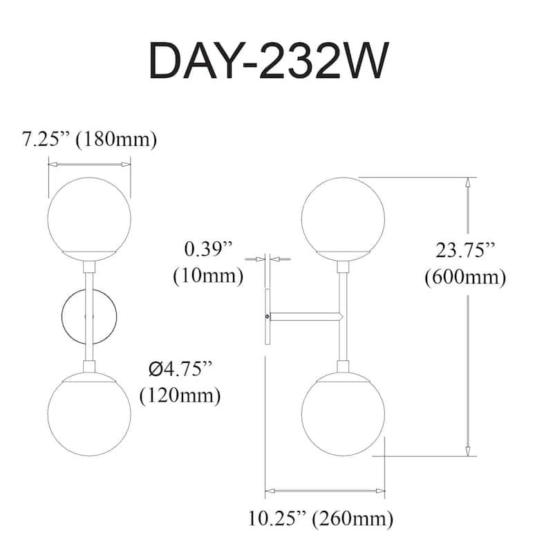 Wall Sconce - 2 Light Chrome Finish with White Glass Shade - 10.25