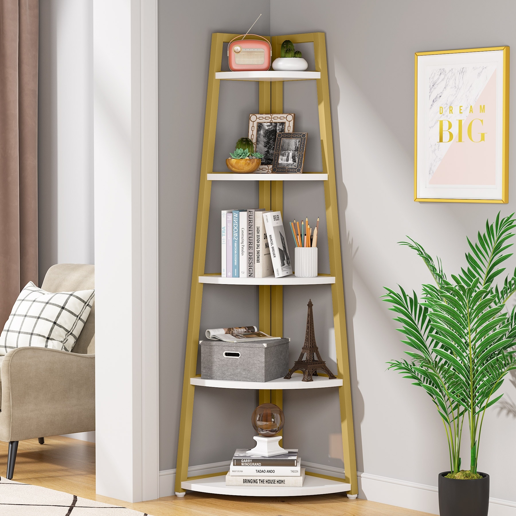 Brown Black Corner Ladder Shelf 5 Tier Corner Bookshelf Bookcase