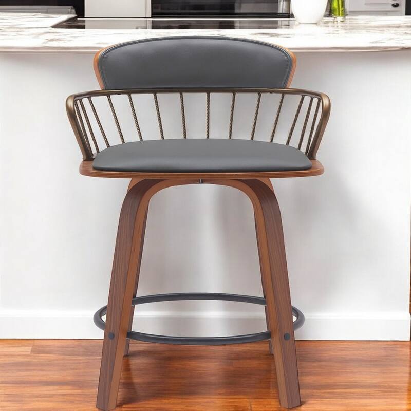 Faux Leather Counter Height Bar Chair with Arms, Swivel and Footrest