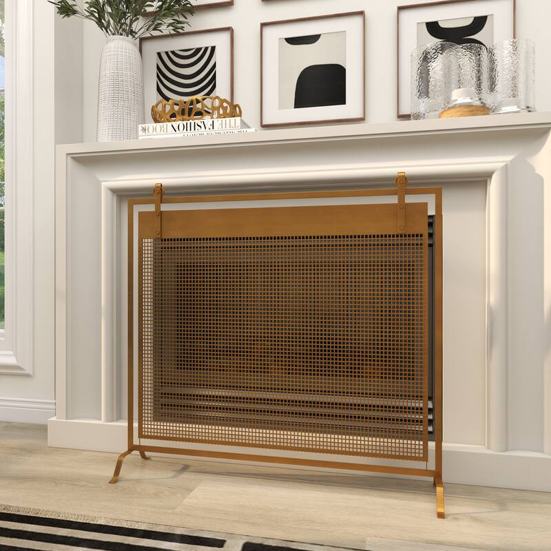 Copper Metal Suspended Grid Style Netting Single Panel Fireplace Screen with Bolted Detailing