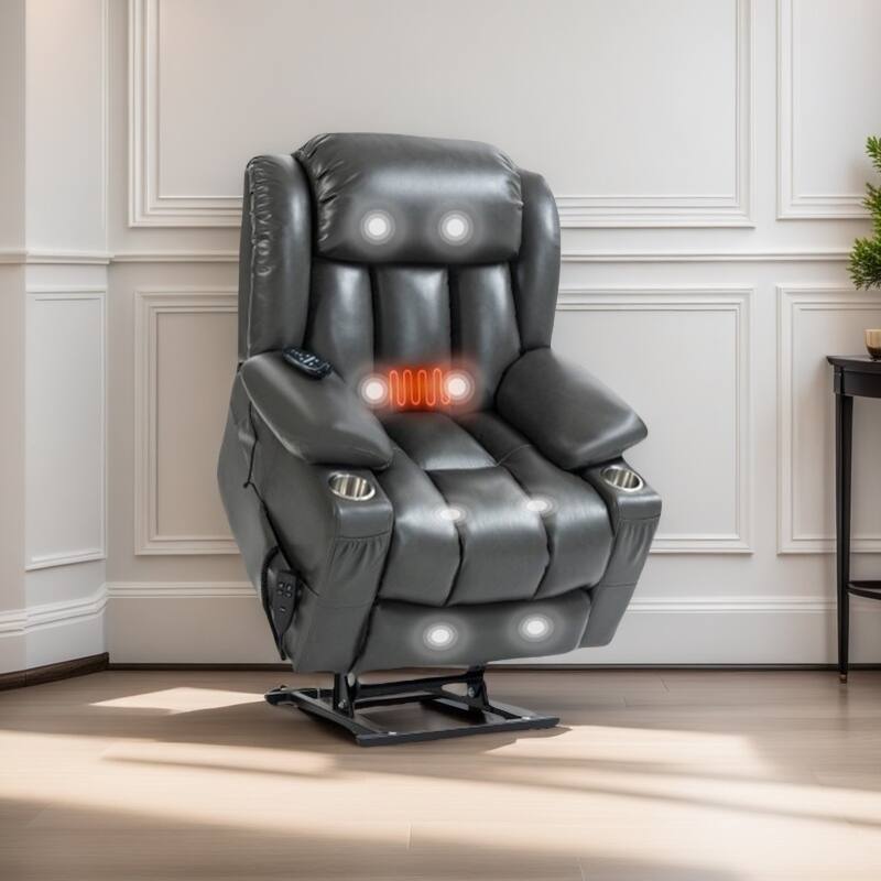 Dual Motor Power Lift Recliner Chair, with 8-Point Massage & Lumbar Heating, Stainless Steel Cup Holders - Grey
