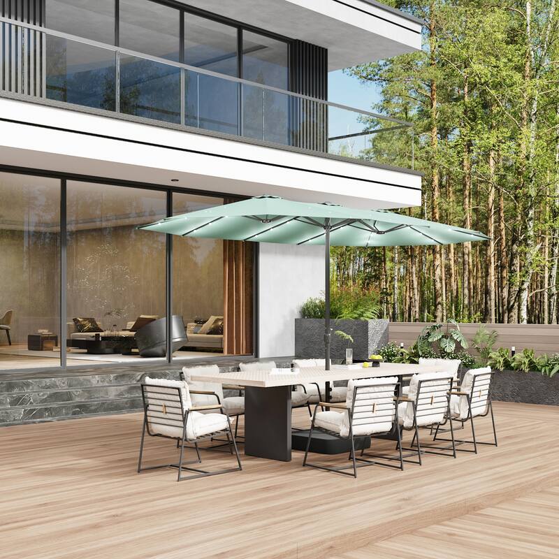 15ft Solar LED Double Patio Umbrella with Base, Extra Large Twin Outdoor Market Umbrella with 36 Lights, 180g Polyester Canopy